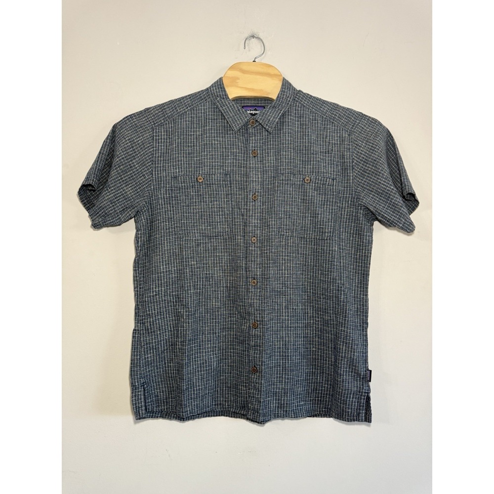 Patagonia Shirt Mens Large Blue And Brown Hemp Cotton Short Sleeve Button Up